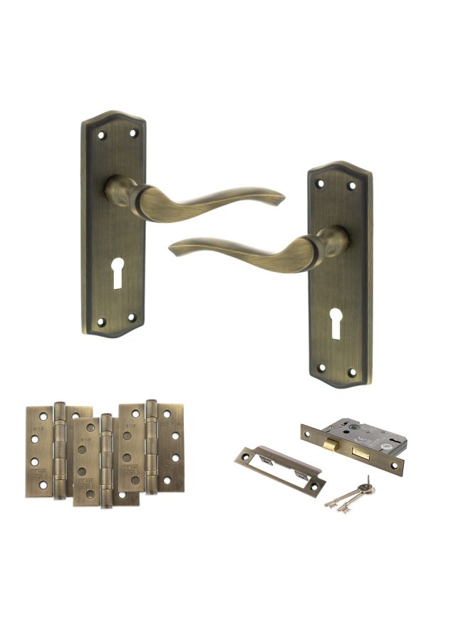 Old English Warwick Door Handle Pack (3 Lever Lock Set - 3" CE Sashlock, 4" Fire Rated Hinges x3) - Matt Antique Brass