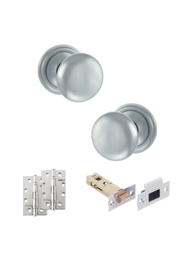 Old English Harrogate Door Knob Pack (Latch Set - 3" HD Latch, 4" Slim Knuckle Hinges x2) - Satin Chrome