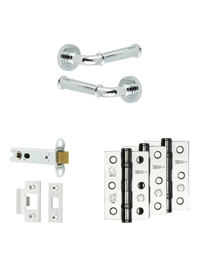 Complete Classic Door Handle Pack - Heavy Duty Latch - Polished Chrome - 102mm / 3-inch Hinges - JE-A22B-PC