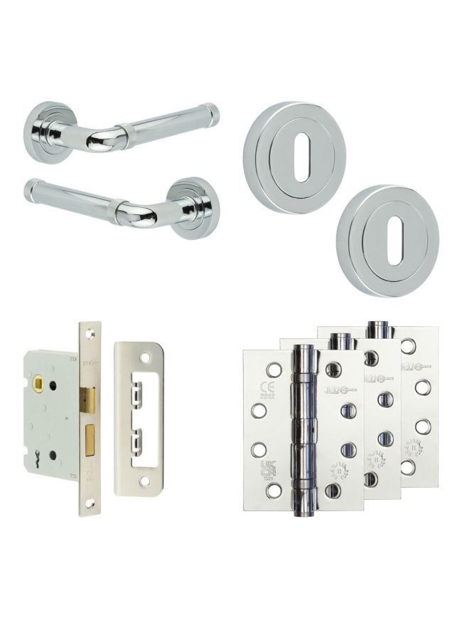 Complete Midtown Door Handle Pack - Sashlock - Polished Chrome - 76mm / 4-inch Hinges - JE-G8A8-PC