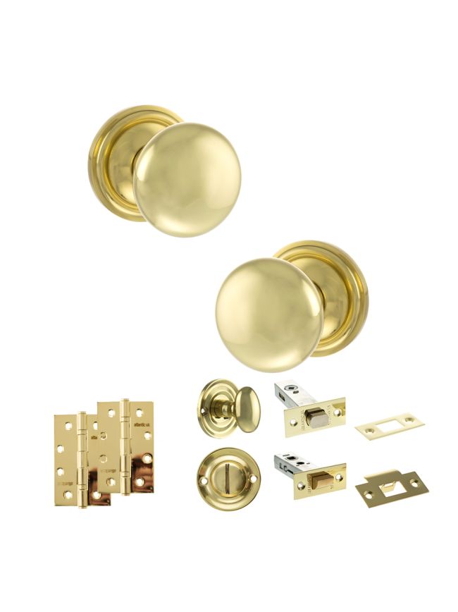 Old English Harrogate Door Knob Pack (Bathroom Set - 4" Deadbolt, 4" Slim Knuckle Hinges x2) - Polished Brass