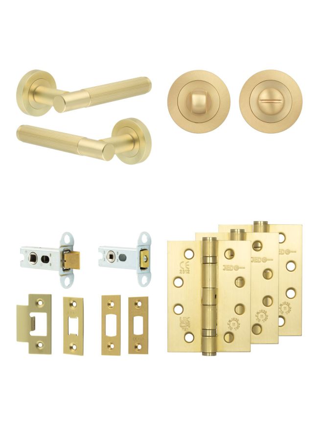Complete Venice Door Handle Pack - Heavy Duty Tubular Bathroom (Standard Thumb Turn) - Satin Brass - 64mm / 4-inch Hinges - JE-F30A3-SB