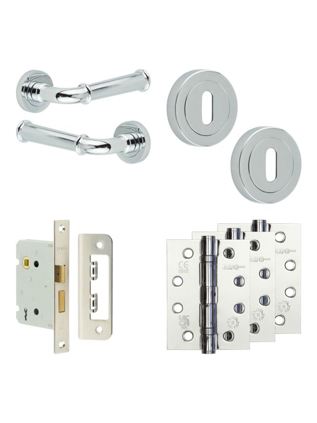 Complete Classic Door Handle Pack - Sashlock - Polished Chrome - 76mm / 4-inch Hinges - JE-A8A8-PC
