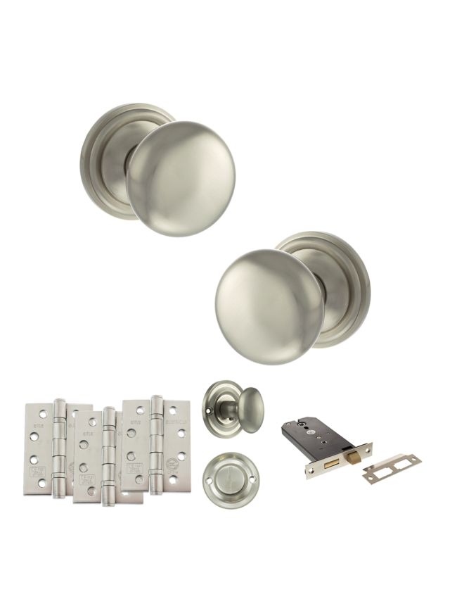 Old English Harrogate Door Knob Pack (Lock Set - Horizontal Bathlock, 4" Fire Rated Hinges x3) - Satin Nickel