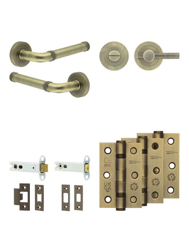 Complete Midtown Door Handle Pack - Heavy Duty Tubular Bathroom (Knurled Thumb Turn) - Antique Brass - 102mm / 3-inch Hinges - JE-G32B1-AB