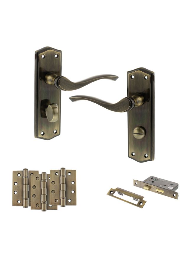 Old English Warwick Door Handle Pack (Bathroom Set - 3" CE Bathroom Lock, 4" Fire Rated Hinges x3) - Antique Brass