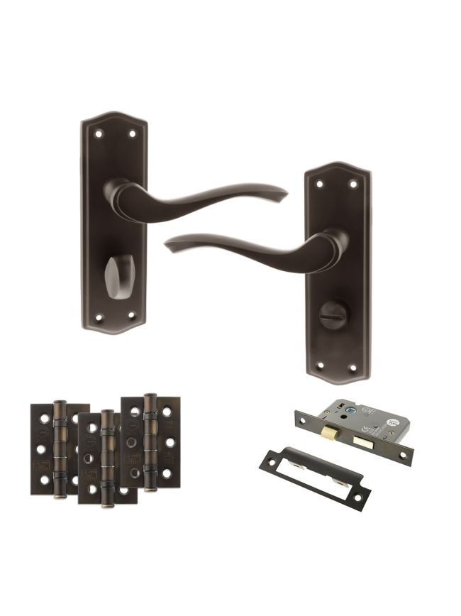 Old English Warwick Door Handle Pack (Bathroom Set - 2.5" CE Bathroom Lock, 3" Fire Rated Hinges x3) - Urban Dark Bronze