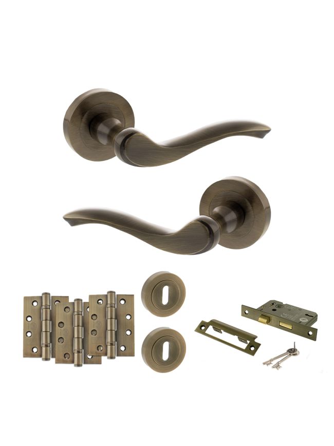 Old English Warwick Door Handle Pack (3 Lever Lock Set - 3" CE Sashlock, 4" Fire Rated Hinges x3) - Antique Brass