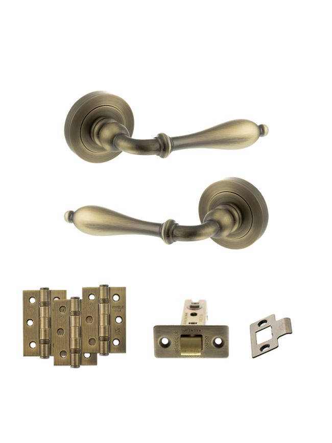 Old English Wrexham Door Handle Pack (Latch Set - 3" CE Latch, 3" Fire Rated Hinges x3) - Matt Antique Brass