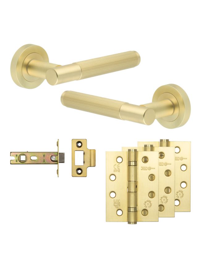 Complete Venice Door Handle Pack - Internal Doors - Satin Brass - 76mm / 4-inch Hinges - JE-F3A-SB