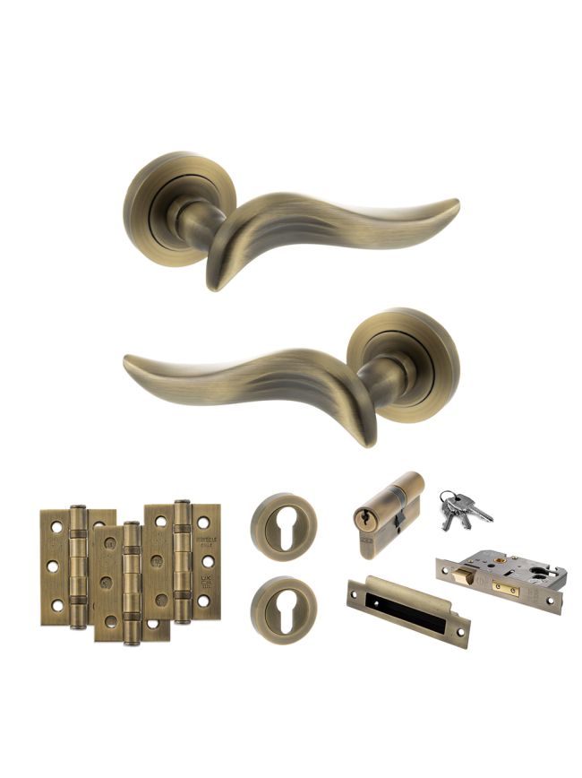 Old English Oxford Door Handle Pack (Euro Lock Set - 3" CE Sashlock, 3" Fire Rated Hinges x3) - Matt Antique Brass