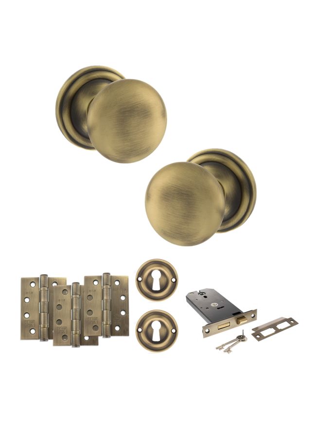Old English Harrogate Door Knob Pack (Lock Set - Horizontal Sashlock, 4" Fire Rated Hinges x3) - Matt Antique Brass