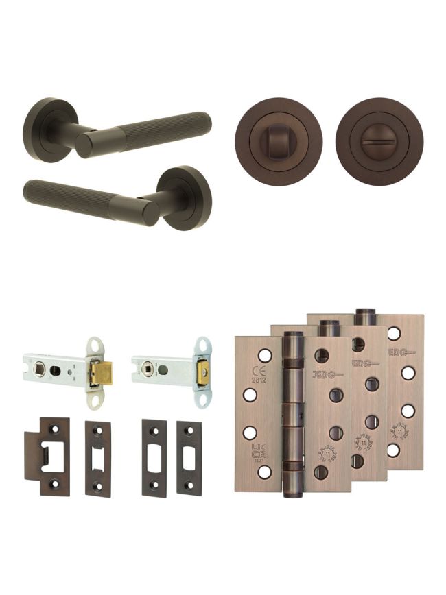Complete Venice Door Handle Pack - Heavy Duty Tubular Bathroom (Standard Thumb Turn) - Dark Bronze - 76mm / 4-inch Hinges - JE-F31A3-DB