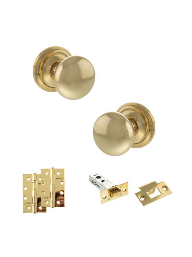 Old English Harrogate Door Knob Pack (Latch Set - 3" HD Latch, 4" Slim Knuckle Hinges x2) - Raw Brass