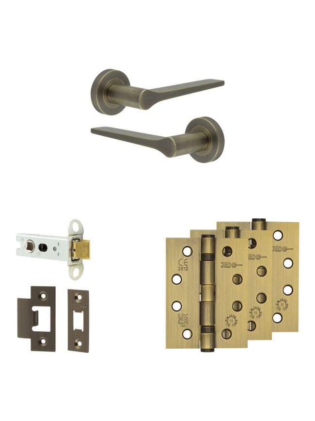 Complete Gio Door Handle Pack - Heavy Duty Latch - Antique Brass - 76mm / 4-inch Hinges - JE-E21A-AB
