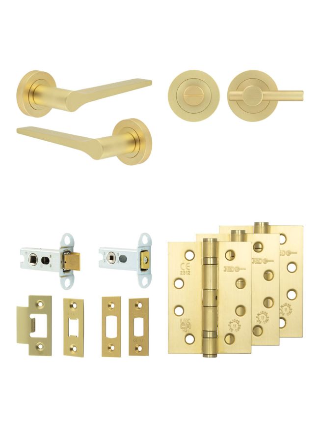 Complete Gio Door Handle Pack - Heavy Duty Tubular Bathroom (Plain Thumb Turn) - Satin Brass - 64mm / 4-inch Hinges - JE-E30A2-SB