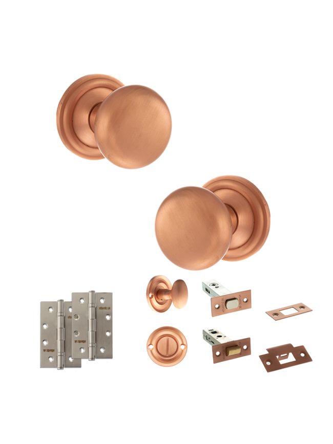 Old English Harrogate Door Knob Pack (Bathroom Set - 4" Deadbolt, 4" Slim Knuckle Hinges x2) - Urban Satin Copper