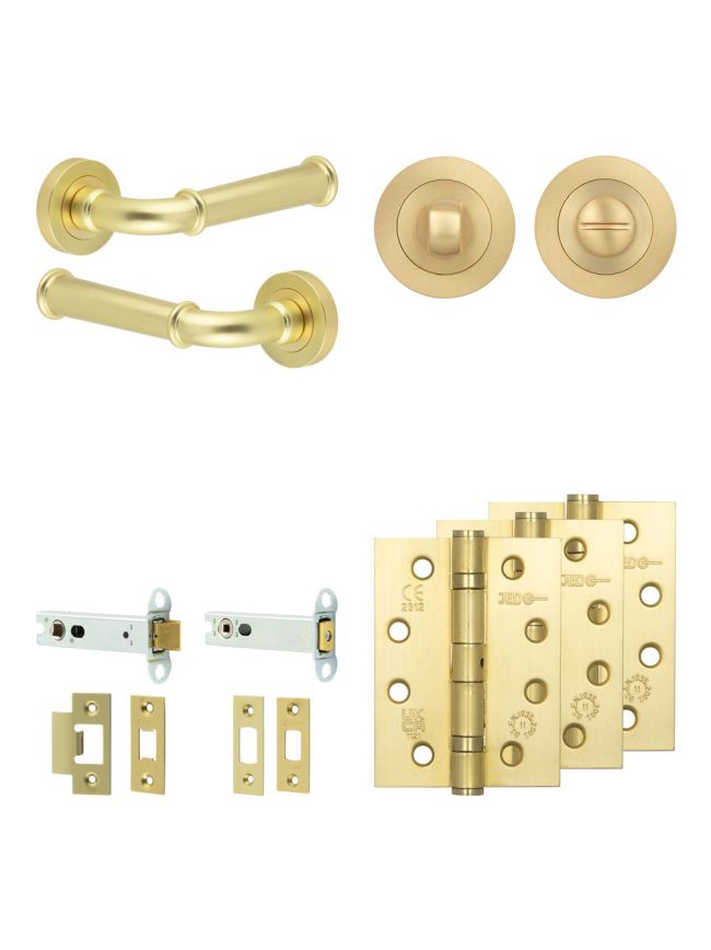 Complete Classic Door Handle Pack - Heavy Duty Tubular Bathroom (Standard Thumb Turn) - Satin Brass - 102mm / 4-inch Hinges - JE-A32A3-SB