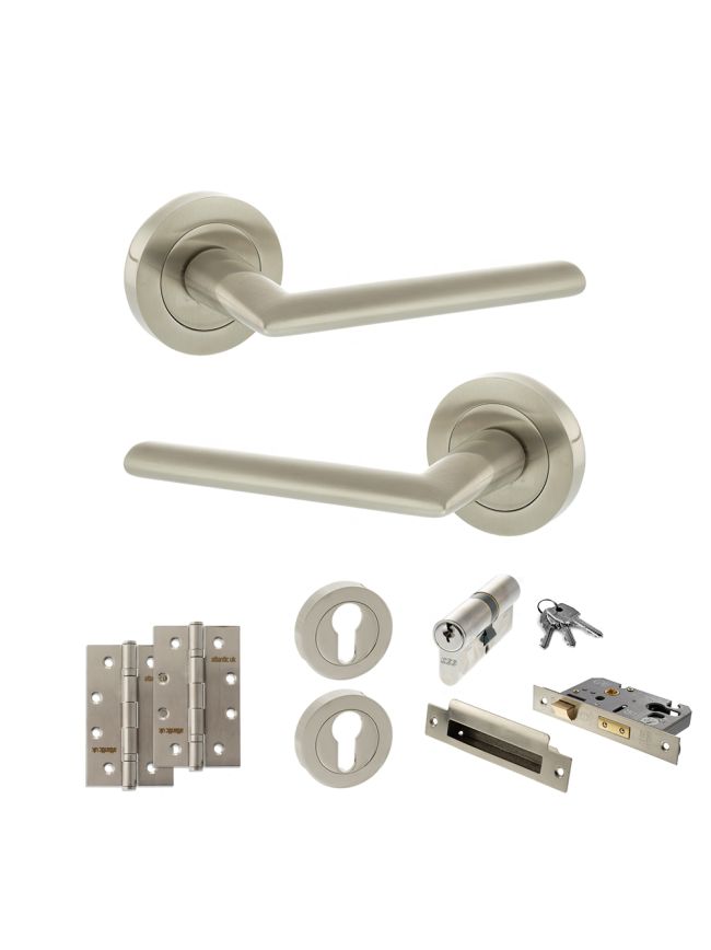STATUS Alabama Door Handle Pack (Euro Lock Set - 3" CE Sashlock, 4" Slim Knuckle Hinges x2) - Satin Nickel