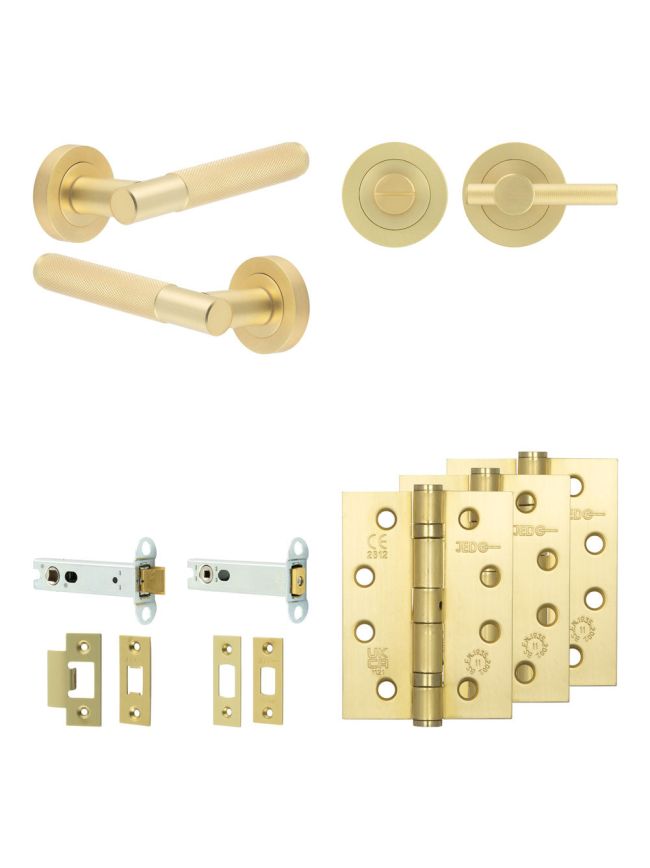 Complete Bari Door Handle Pack - Heavy Duty Tubular Bathroom (Knurled Thumb Turn) - Satin Brass - 102mm / 4-inch Hinges - JE-D32A1-SB
