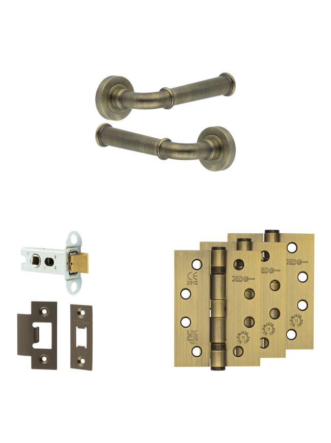 Complete Classic Door Handle Pack - Heavy Duty Latch - Antique Brass - 64mm / 4-inch Hinges - JE-A20A-AB