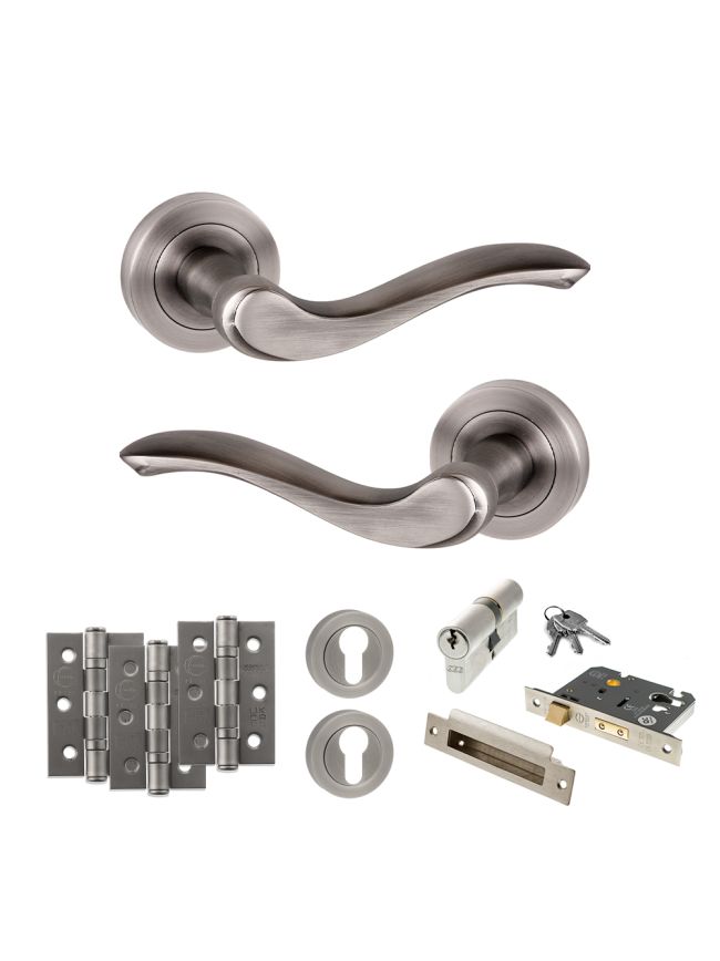 Old English Warwick Door Handle Pack (Euro Lock Set - 2.5" CE Sashlock, 3" Fire Rated Hinges x3) - Matt Gun Metal