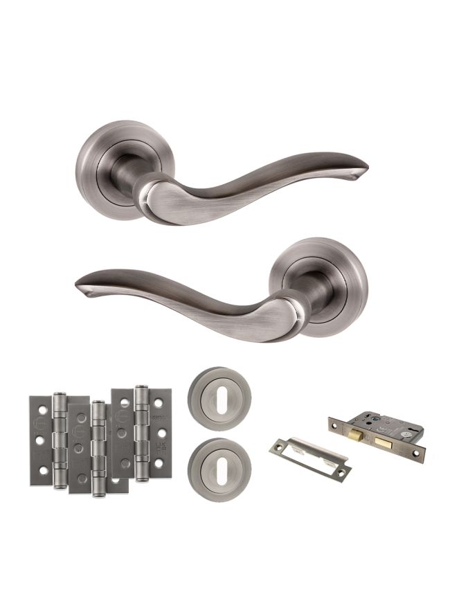 Old English Warwick Door Handle Pack (3 Lever Lock Set - 2.5" CE Sashlock, 3" Fire Rated Hinges x3) - Matt Gun Metal