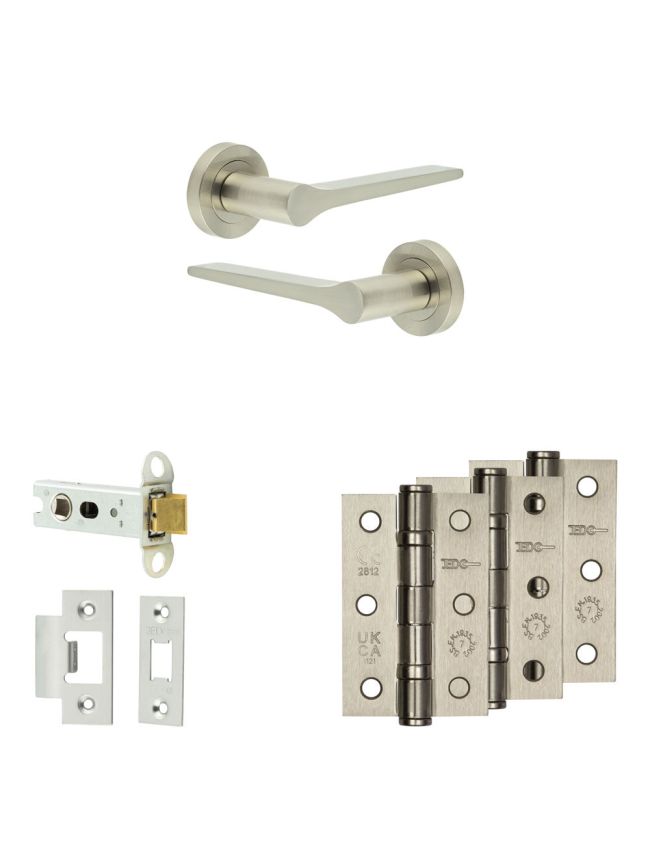 Complete Gio Door Handle Pack - Heavy Duty Latch - Satin Nickel - 76mm / 3-inch Hinges - JE-E21B-SN