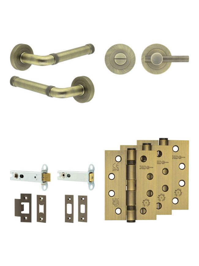 Complete Midtown Door Handle Pack - Heavy Duty Tubular Bathroom (Knurled Thumb Turn) - Antique Brass - 102mm / 4-inch Hinges - JE-G32A1-AB