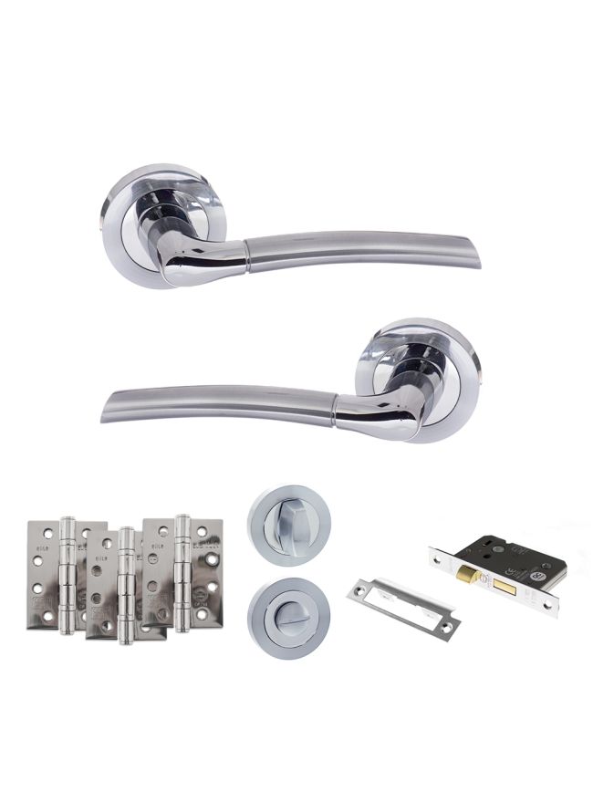 Eco Swell Door Handle Pack (Bathroom Set - 2.5" CE Bathroom Lock, 4" Fire Rated Hinges x3) - Satin Chrome/Polished Chrome
