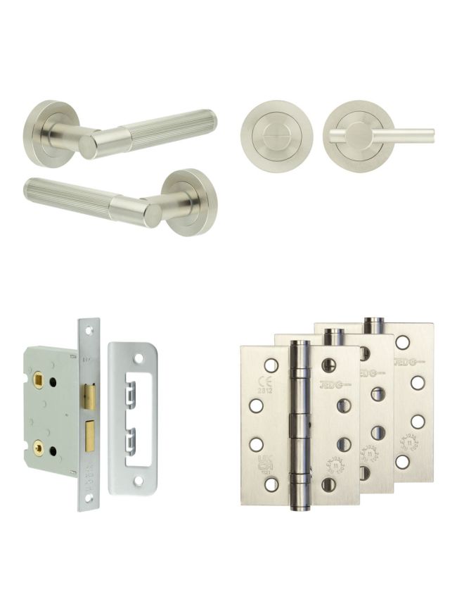 Complete Venice Door Handle Pack - Bathroom Lock (Plain Thumb Turn) - Satin Nickel - 76mm / 4-inch Hinges - JE-F6A2-SN