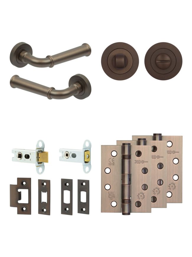 Complete Classic Door Handle Pack - Heavy Duty Tubular Bathroom (Standard Thumb Turn) - Dark Bronze - 64mm / 4-inch Hinges - JE-A30A3-DB