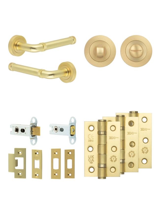 Complete Midtown Door Handle Pack - Heavy Duty Tubular Bathroom (Standard Thumb Turn) - Satin Brass - 64mm / 3-inch Hinges - JE-G30B3-SB
