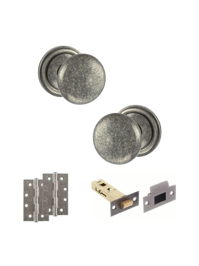 Old English Harrogate Door Knob Pack (Latch Set - 3" HD Latch, 4" Slim Knuckle Hinges x2) - Distressed Silver