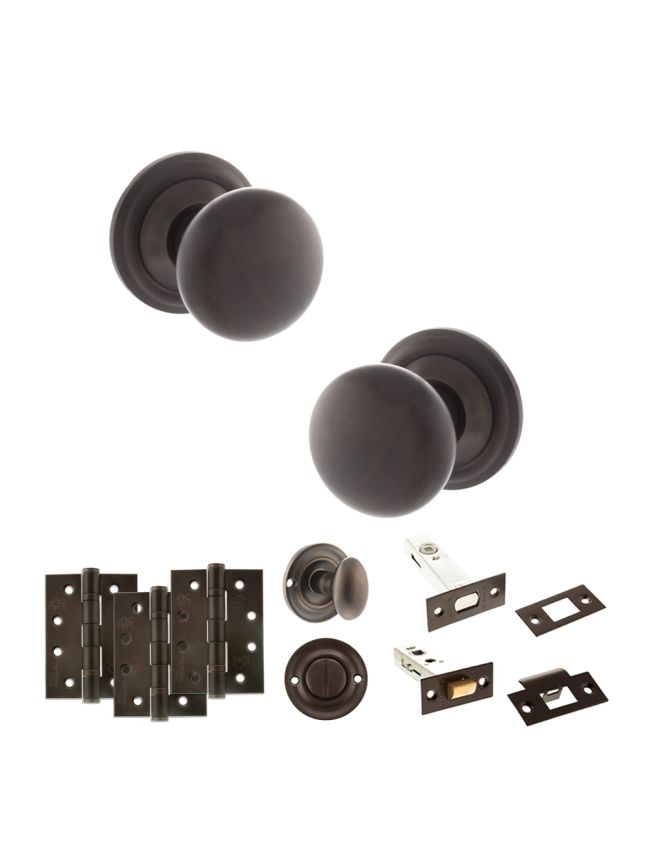 Old English Harrogate Door Knob Pack (Bathroom Set - 4" Deadbolt, 4" Fire Rated Hinges x3) - Urban Dark Bronze