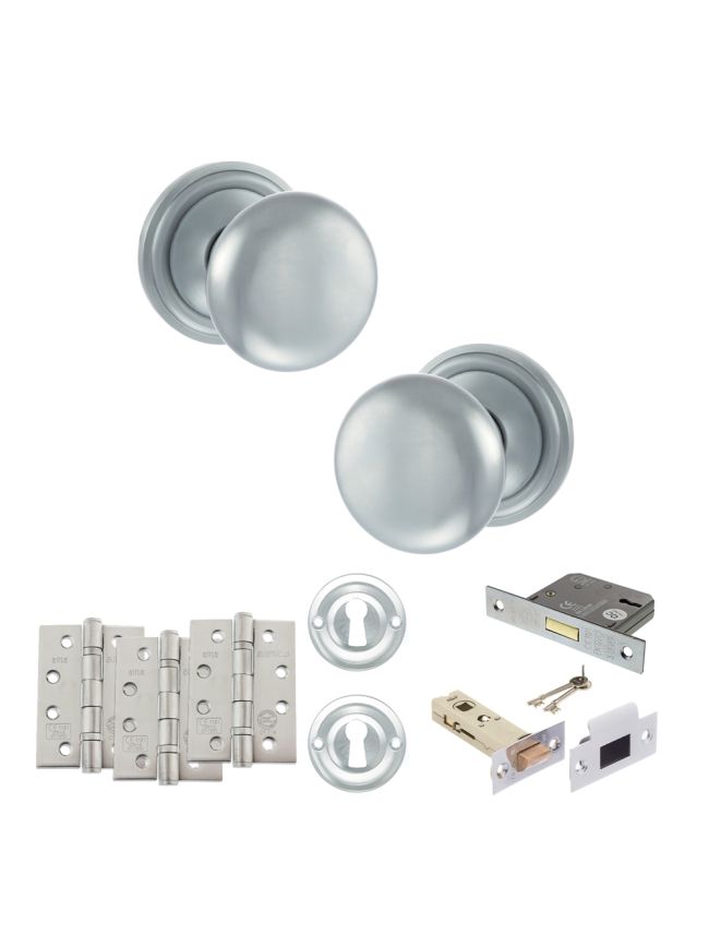 Old English Harrogate Door Knob Pack (Lock Set - 3" Latch & Deadlock, 4" Fire Rated Hinges x3) - Satin Chrome