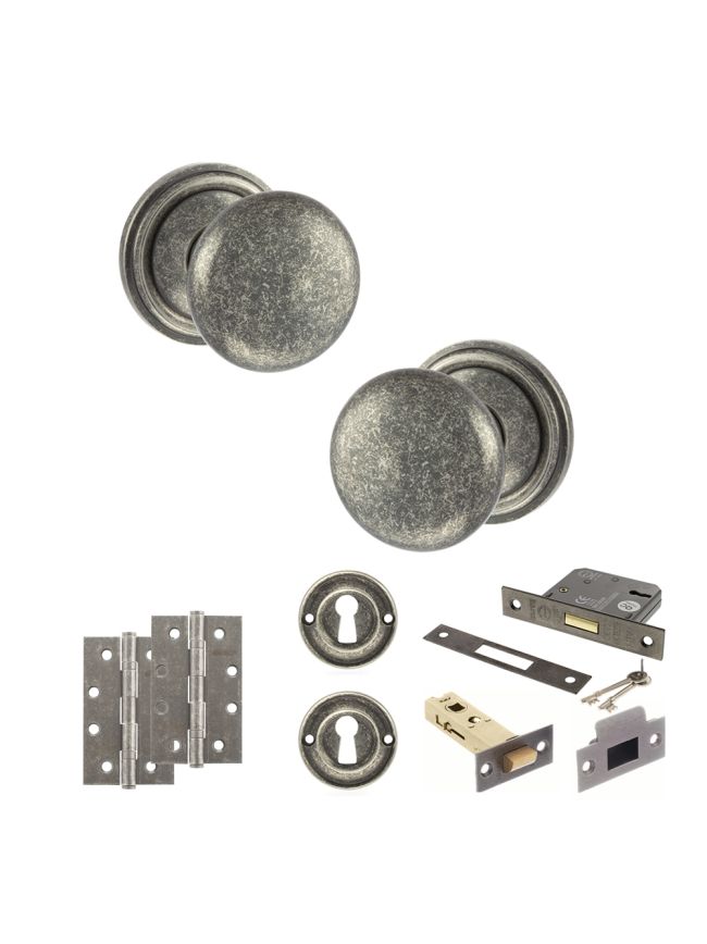 Old English Harrogate Door Knob Pack (Lock Set - 3" Latch & Deadlock, 4" Slim Knuckle Hinges x2) - Distressed Silver