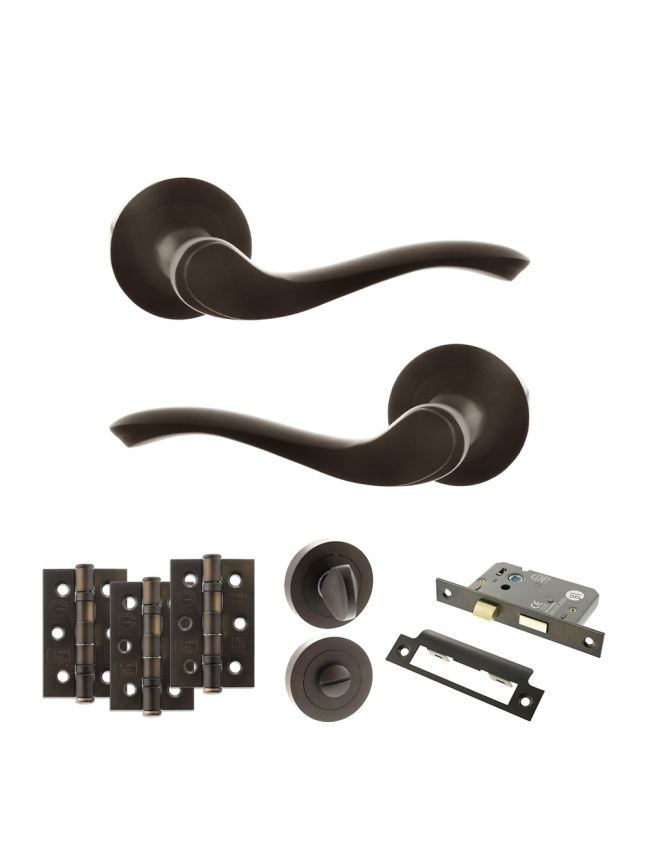 Old English Warwick Door Handle Pack (Bathroom Set - 3" CE Bathroom Lock, 3" Fire Rated Hinges x3) - Urban Dark Bronze