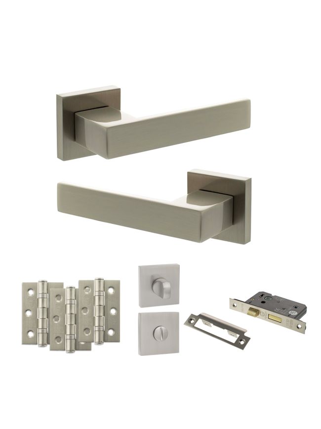 Senza Pari Panetti Door Handle Pack (Bathroom Set - 2.5" CE Bathroom Lock, 3" Fire Rated Hinges x3) - Satin Nickel