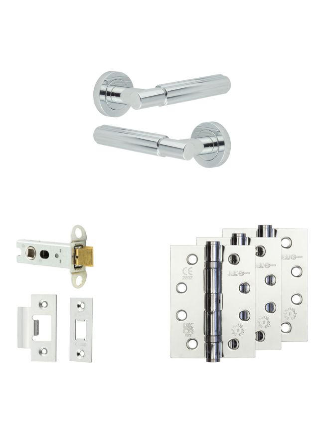 Complete Bloom Door Handle Pack - Heavy Duty Latch - Polished Chrome - 76mm / 4-inch Hinges - JE-B21A-PC