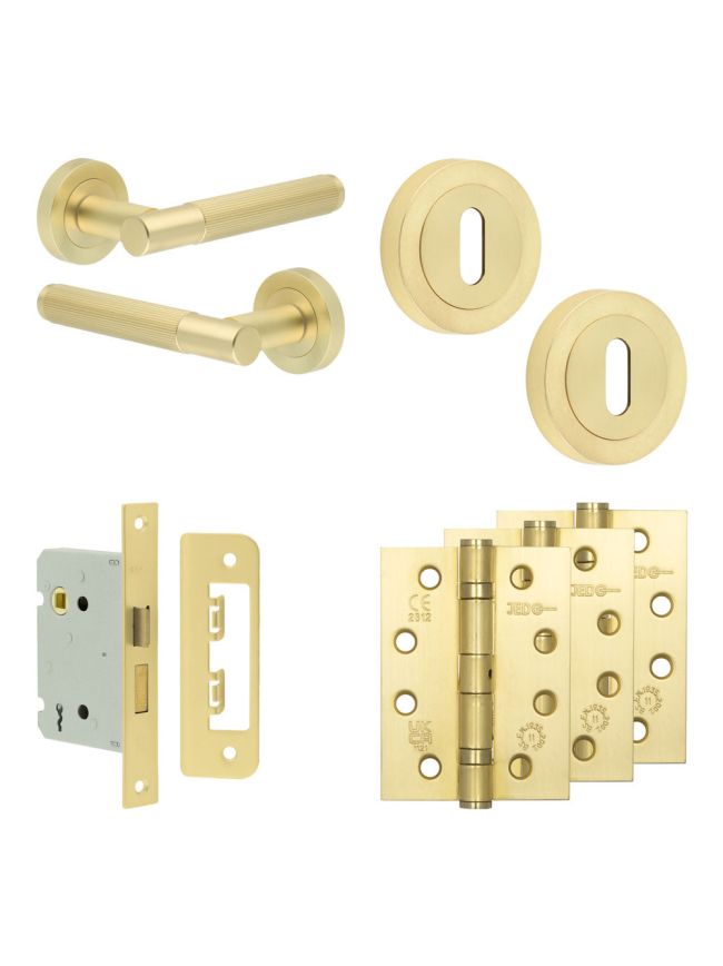 Complete Venice Door Handle Pack - Sashlock - Satin Brass - 76mm / 4-inch Hinges - JE-F8A8-SB