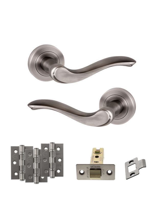 Old English Warwick Door Handle Pack (Latch Set - 3" CE Latch, 3" Fire Rated Hinges x3) - Matt Gun Metal