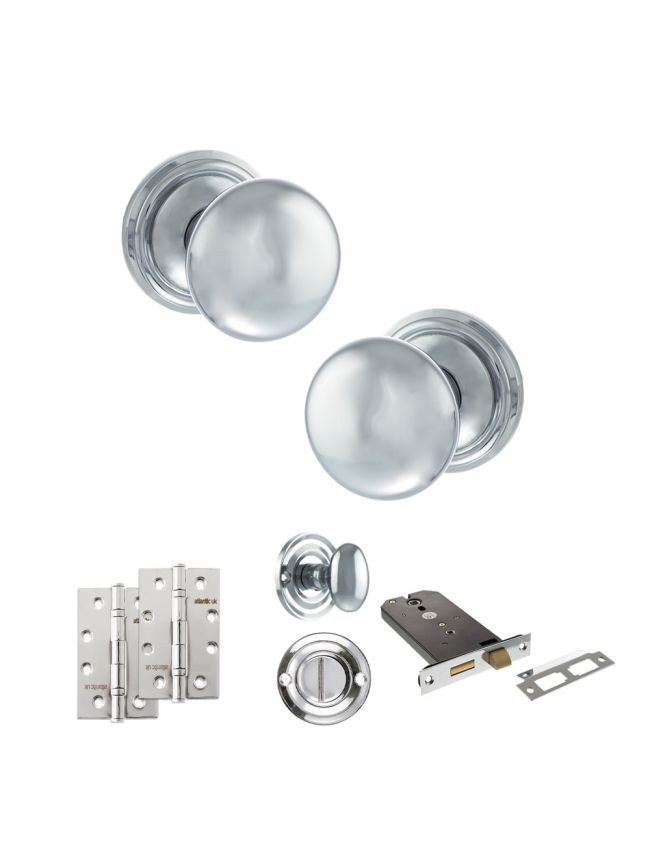 Old English Harrogate Door Knob Pack (Lock Set - Horizontal Bathlock, 4" Slim Knuckle Hinges x2) - Polished Chrome