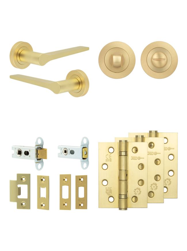 Complete Gio Door Handle Pack - Heavy Duty Tubular Bathroom (Standard Thumb Turn) - Satin Brass - 64mm / 4-inch Hinges - JE-E30A3-SB
