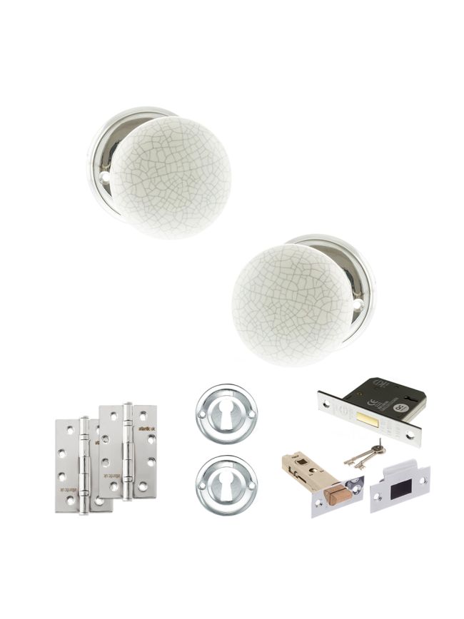 Old English Skipton Door Knob Pack (Lock Set - 3" Latch & Deadlock, 4" Slim Knuckle Hinges x2) - Polished Chrome