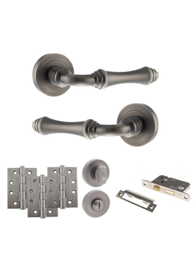 Old English Durham Door Handle Pack (Bathroom Set - 3" CE Bathroom Lock, 4" Fire Rated Hinges x3) - Matt Gun Metal