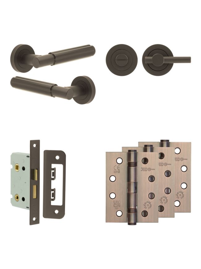Complete Bloom Door Handle Pack - Bathroom Lock (Plain Thumb Turn) - Dark Bronze - 65mm / 4-inch Hinges - JE-B5A2-DB