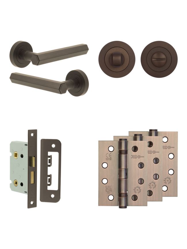 Complete Hex Door Handle Pack - Bathroom Lock (Standard Thumb Turn) - Dark Bronze - 65mm / 4-inch Hinges - JE-C5A3-DB