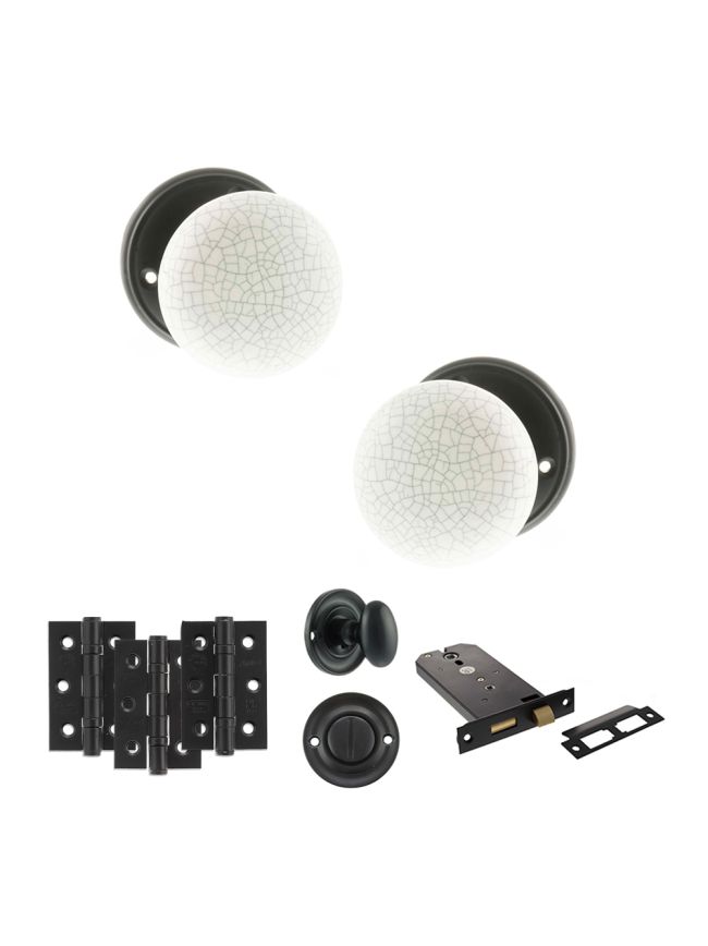 Old English Skipton Door Knob Pack (Lock Set - Horizontal Bathlock, 3" Fire Rated Hinges x3) - Matt Black