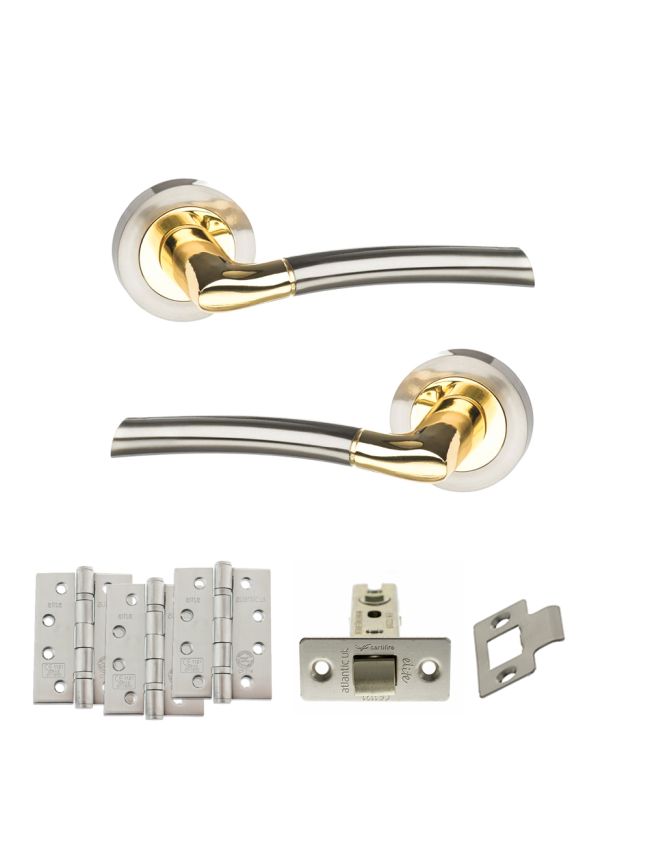 STATUS Indiana Door Handle Pack (Latch Set - 2.5" CE Latch, 4" Fire Rated Hinges x3) - Satin Nickel/Polished Brass